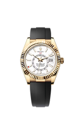 Rolex Yellow Gold Sky Dweller Watch - 42 MM - Oysterflex Strap - Fluted Ring Command Bezel - White Index Dial - 336238-0003