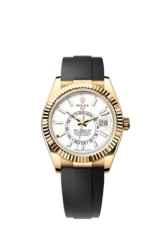 Rolex Yellow Gold Sky Dweller Watch - 42 MM - Oysterflex Strap - Fluted Ring Command Bezel - White Index Dial - 336238-0003