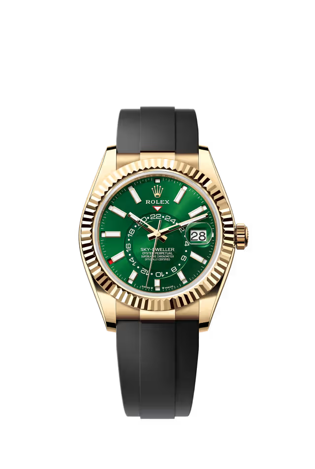 Rolex Yellow Gold Sky Dweller Watch - 42 MM - Oysterflex Strap - Fluted Ring Command Bezel - Green Index Dial - 336238-0004