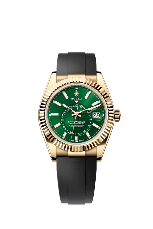 Rolex Yellow Gold Sky Dweller Watch - 42 MM - Oysterflex Strap - Fluted Ring Command Bezel - Green Index Dial - 336238-0004