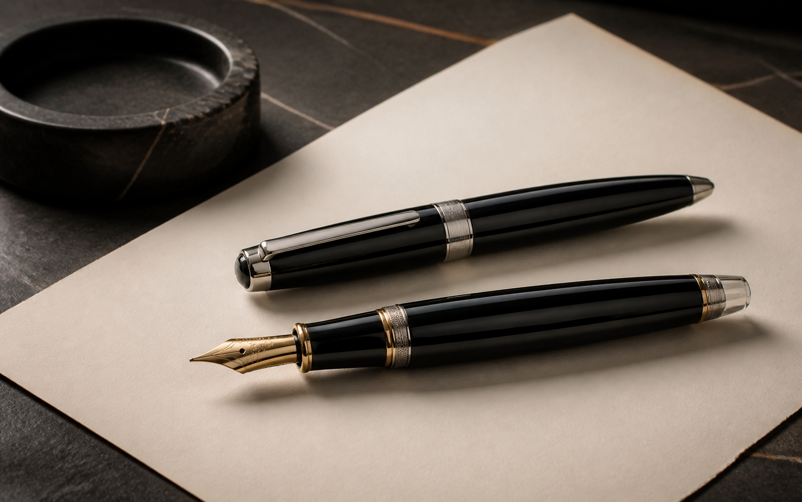 Luxury writing instruments on a refined writing desk