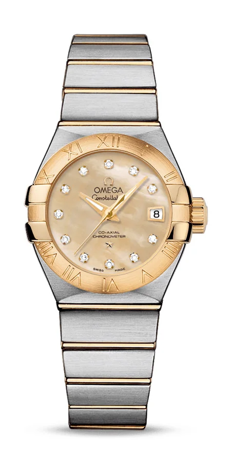 Omega Constellation Yellow Gold and Stainless Steel 27 MM - Yellow Gold and Stainless Steel Bracelet - Champagne Mother-Of-Pearl Diamond Dial - 123.20.27.20.57.002