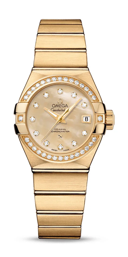 Omega Constellation Stainless Yellow Gold 27 MM - Yellow Gold Bracelet - Diamond Bezel - Champagne Mother-Of-Pearl Diamond Dial - 123.55.27.20.57.002