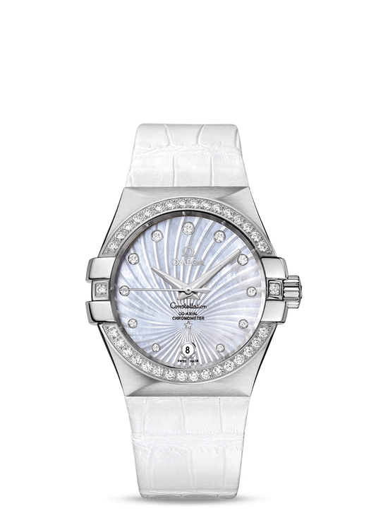 Omega Constellation Stainless Steel 35 MM - White Leather Strap - Diamond Bezel - Mother-Of-Pearl Supernova Diamond Dial - 123.18.35.20.55.001