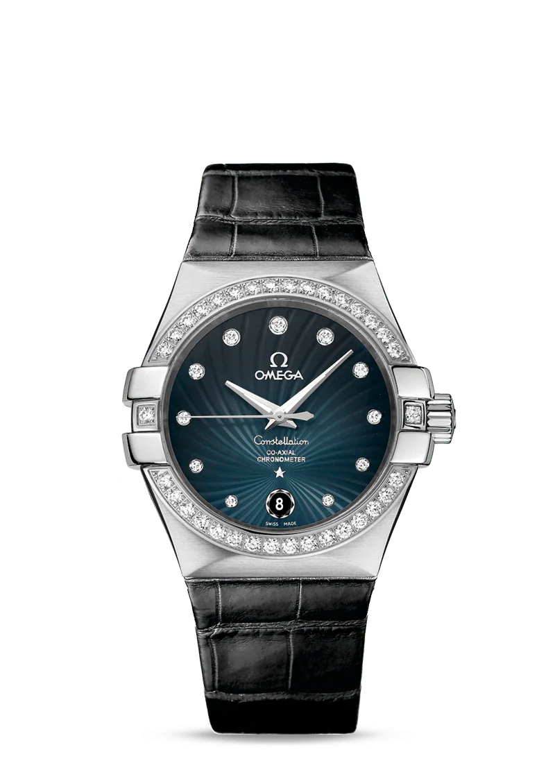 Omega Constellation Stainless Steel 35 MM - Black Leather Strap - Diamond Bezel - Blue Diamond Dial - 123.18.35.20.56.001