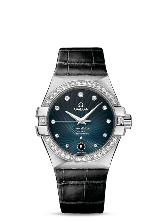 Omega Constellation Stainless Steel 35 MM - Black Leather Strap - Diamond Bezel - Blue Diamond Dial - 123.18.35.20.56.001