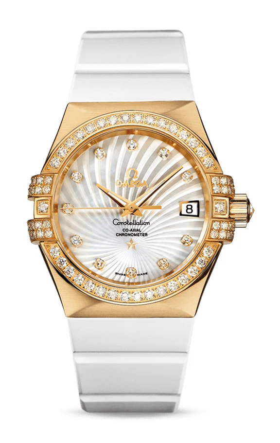 Omega Constellation Yellow Gold 35 MM - White Rubber Strap - Diamond Bezel - White Mother-Of-Pearl Diamond Dial - 123.57.35.20.55.003