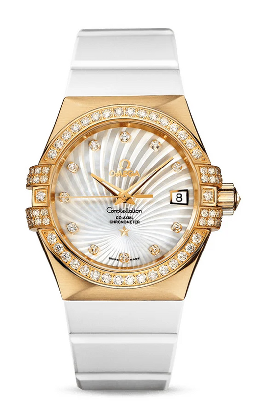 Omega Constellation Yellow Gold 35 MM - White Rubber Strap - Diamond Bezel - White Mother-Of-Pearl Diamond Dial - 123.57.35.20.55.003