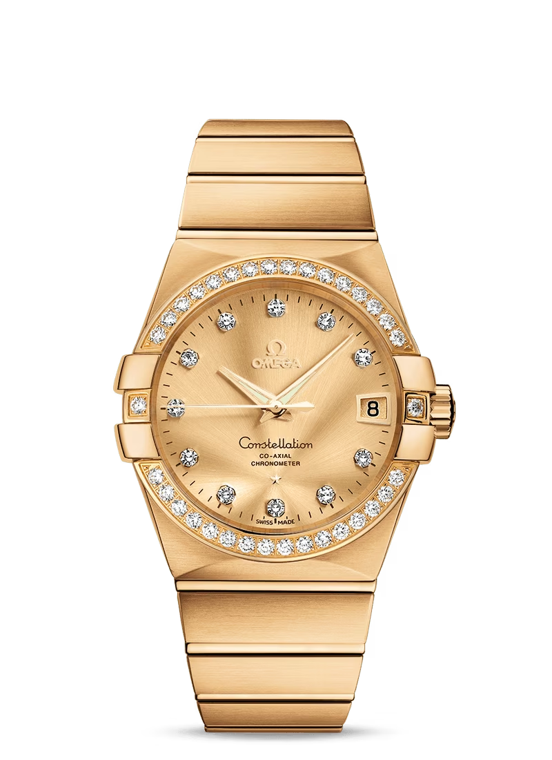 Omega Constellation Yellow Gold 38 MM - Yellow Gold Bracelet - Diamond Bezel - Champagne Diamond Dial - 123.55.38.21.58.001