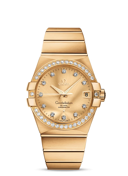 Omega Constellation Yellow Gold 38 MM - Yellow Gold Bracelet - Diamond Bezel - Champagne Diamond Dial - 123.55.38.21.58.001