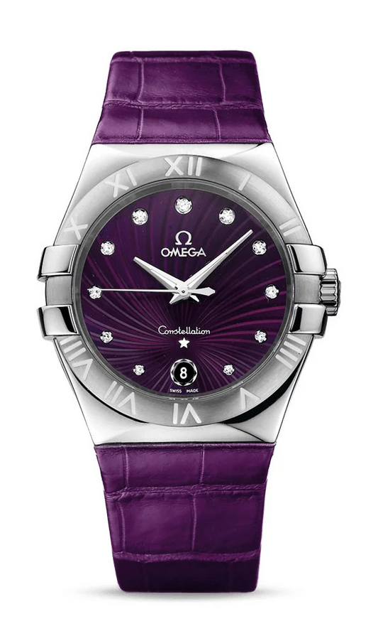 Omega Constellation Stainless Steel 35 MM - Purple Leather Strap - Purple Diamond Dial - 123.13.35.60.60.001