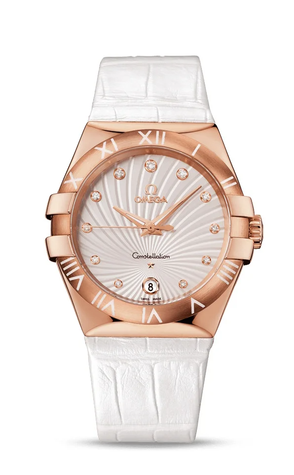 Omega Constellation Rose Gold 35 MM - White Leather Strap - Silver Diamond Dial - 123.53.35.60.52.001