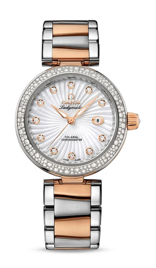 Omega De Ville Stainless Steel and Rose Gold 34 MM - Stainless Steel and Rose Gold Bracelet - Diamond Bezel - White Mother-Of-Pearl Diamond Dial - 425.25.34.20.55.001