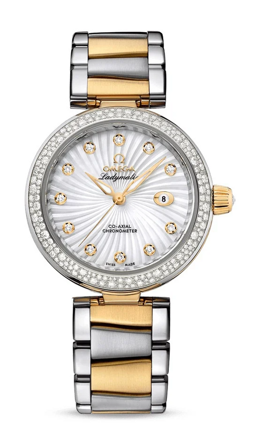 Omega De Ville Stainless Steel and Yellow Gold 34 MM - Stainless Steel and Yellow Gold Bracelet - Diamond Bezel - White Mother-Of-Pearl Diamond Dial - 425.25.34.20.55.002