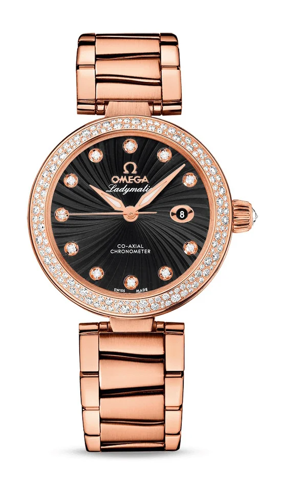 Omega De Ville Rose Gold 34 MM - Rose Gold Bracelet - Diamond Bezel - Black Diamond Dial - 425.65.34.20.51.001