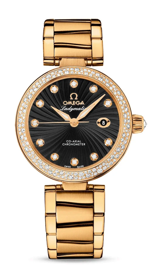 Omega De Ville Yellow Gold 34 MM - Yellow Gold Bracelet - Diamond Bezel - Black Diamond Dial - 425.65.34.20.51.002