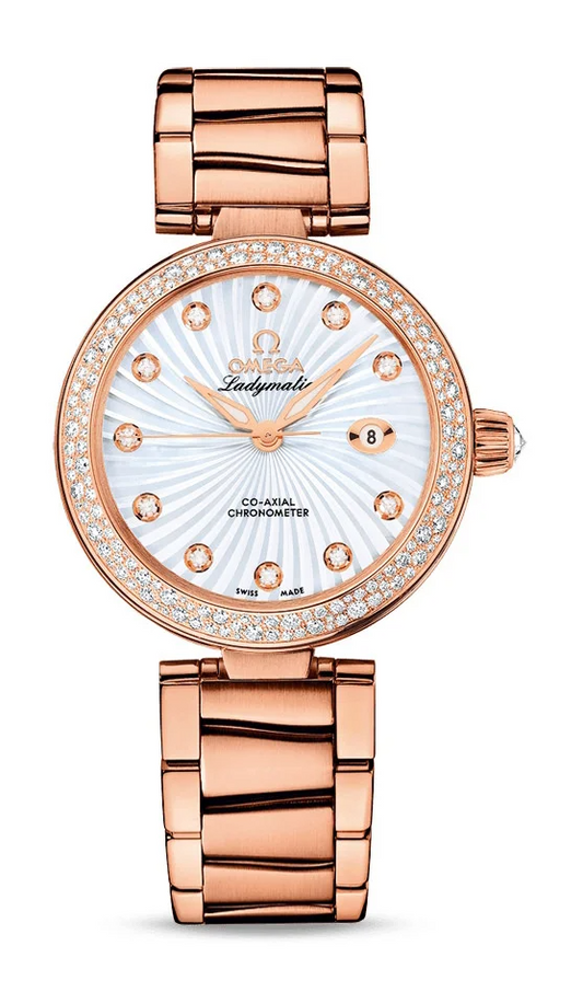 Omega De Ville Rose Gold 34 MM - Rose Gold Bracelet - Diamond Bezel - White Mother-Of-Pearl Diamond Dial - 425.65.34.20.55.001