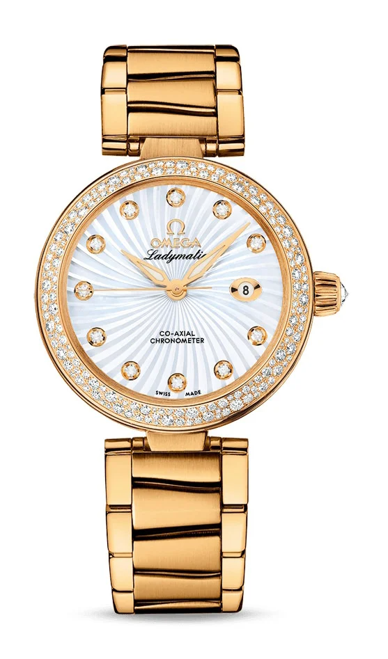 Omega De Ville Yellow Gold 34 MM - Yellow Gold Bracelet - Diamond Bezel - White Mother-Of-Pearl Diamond Dial - 425.65.34.20.55.002