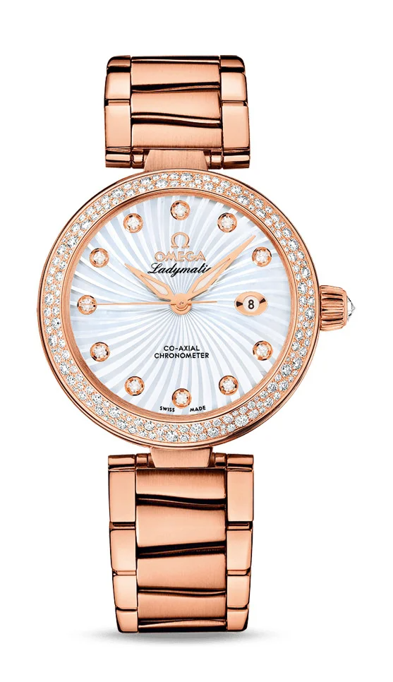 Omega De Ville Rose Gold 34 MM - Rose Gold Bracelet - Diamond Bezel - White Mother-Of-Pearl Diamond Dial - 425.65.34.20.55.003