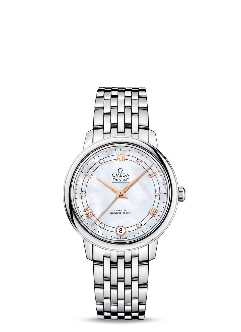 Omega De Ville Stainless Steel 32.7 MM - Stainless Steel Bracelet - Mother-Of-Pearl Diamond Dial - 424.10.33.20.55.002 nyc watcher nyc watches