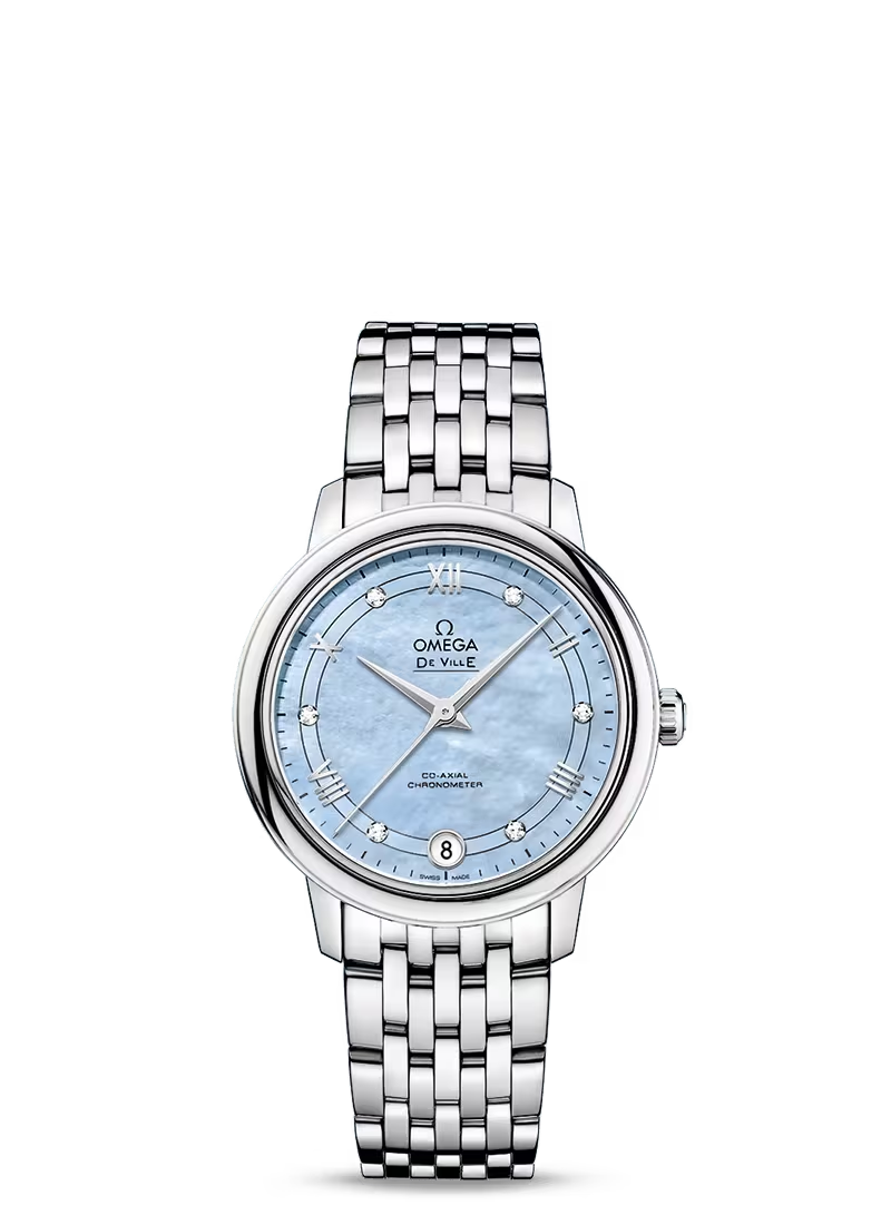 Omega De Ville Stainless Steel 32.7 MM - Stainless Steel Bracelet - Blue Mother-Of-Pearl Diamond Dial - 424.10.33.20.57.001 nyc watcher nyc watches