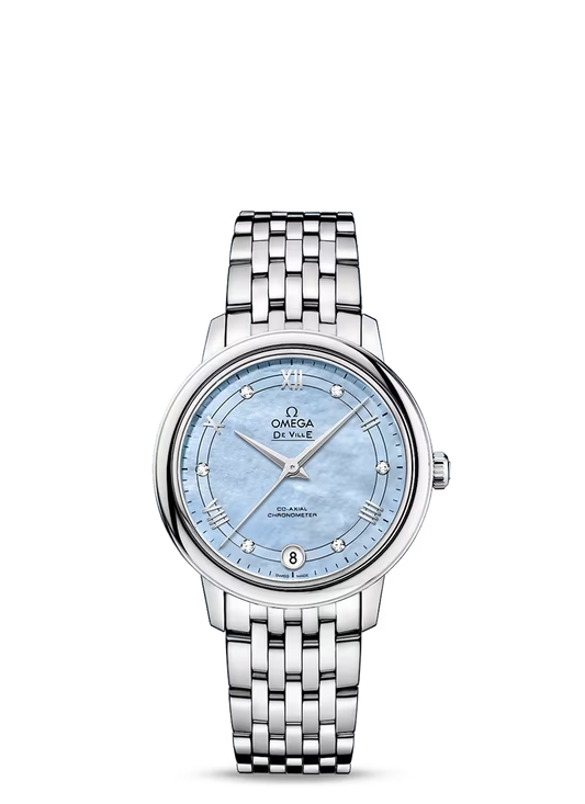 Omega De Ville Stainless Steel 32.7 MM - Stainless Steel Bracelet - Blue Mother-Of-Pearl Diamond Dial - 424.10.33.20.57.001 nyc watcher nyc watches