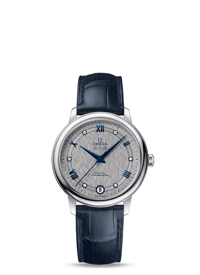 Omega De Ville Stainless Steel 32.7 MM - Blue Leather Strap - Grey Dial - 424.13.33.20.56.002 nyc watcher nyc watches