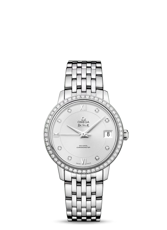 Omega De Ville Stainless Steel 32.7 MM - Stainless Steel Bracelet - Diamond Bezel - Silver Diamond Dial - 424.15.33.20.52.001  nyc watcher nyc watches