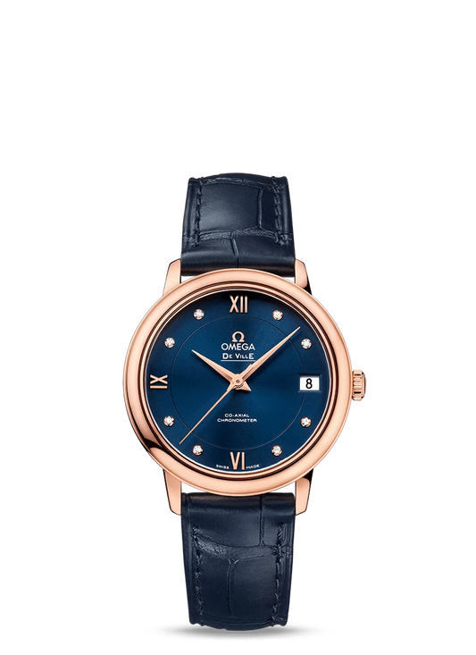 Omega De Ville Rose Gold 32.7 MM - Blue Leather Strap - Blue Diamond Dial - 424.53.33.20.53.001 nyc watcher nyc watches