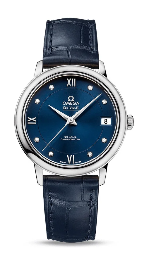 Omega De Ville Stainless Steel 32.7 MM - Blue Leather Strap - Blue Diamond Dial - 424.13.33.20.53.001 nyc watcher nyc watches