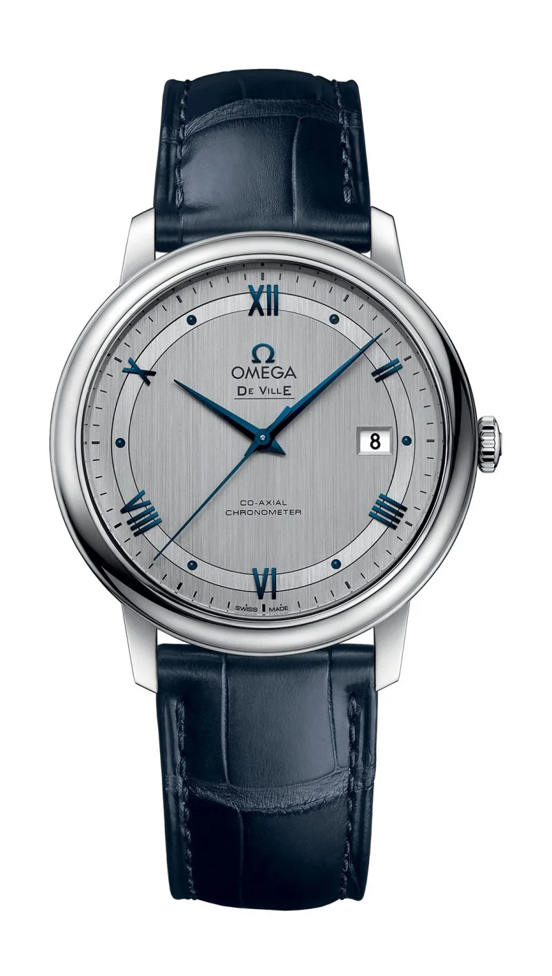 Omega De Ville Stainless Steel 39.5 MM - Blue Leather Strap - Silver Dial - 424.13.40.20.02.003 nyc watcher nyc watches