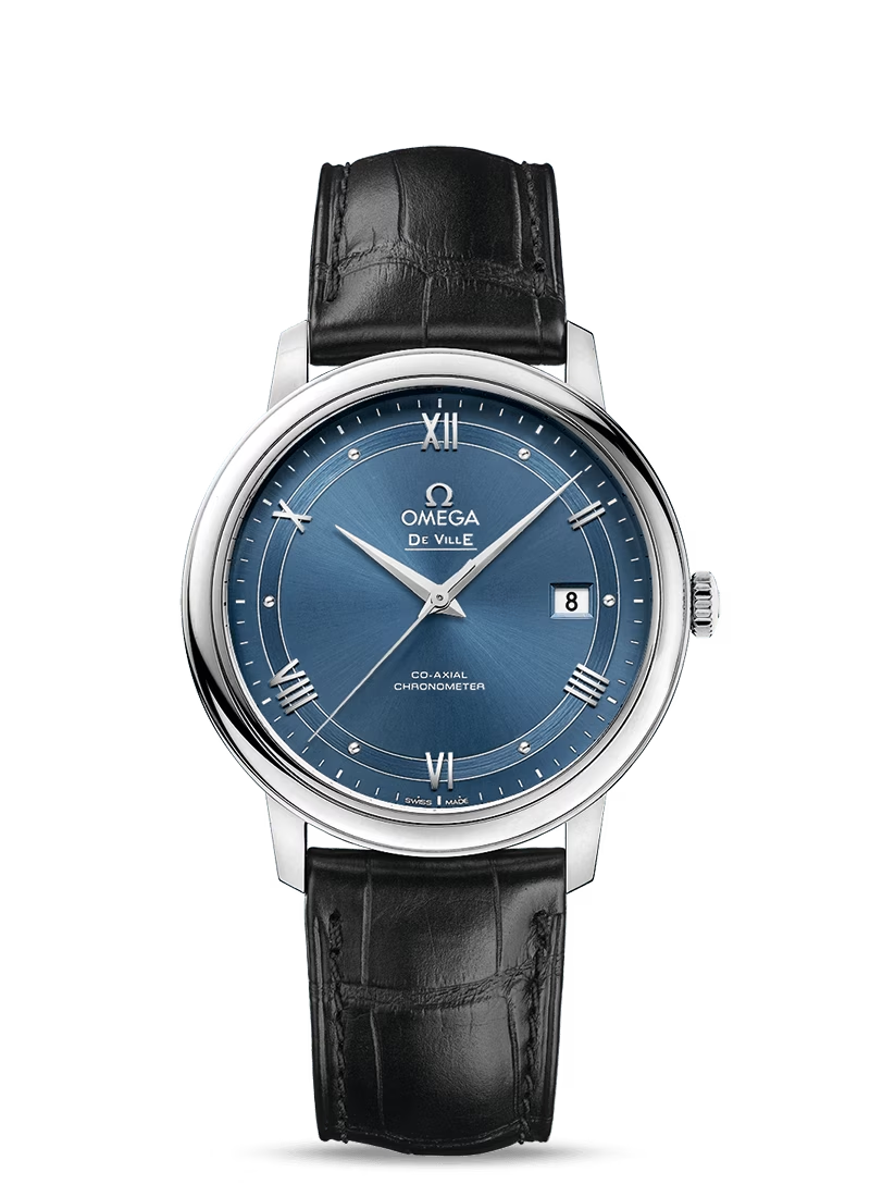 Omega De Ville Stainless Steel 39.5 MM - Black Leather Strap- Blue Dial - 424.13.40.20.03.002 nyc watcher nyc watches