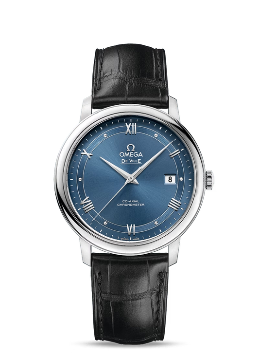 Omega De Ville Stainless Steel 39.5 MM - Black Leather Strap- Blue Dial - 424.13.40.20.03.002 nyc watcher nyc watches