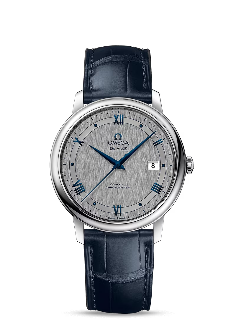 Omega De Ville Stainless Steel 39.5 MM - Blue Leather Strap - Grey Dial - 424.13.40.20.06.002 nyc watcher nyc watches