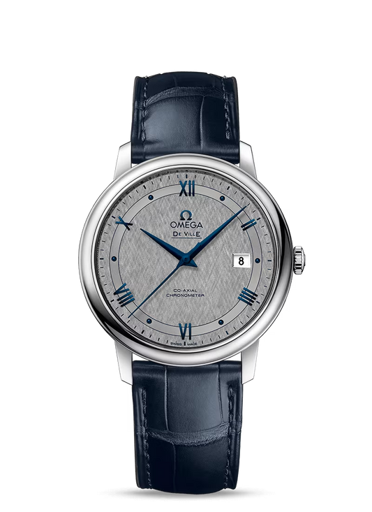 Omega De Ville Stainless Steel 39.5 MM - Blue Leather Strap - Grey Dial - 424.13.40.20.06.002 nyc watcher nyc watches