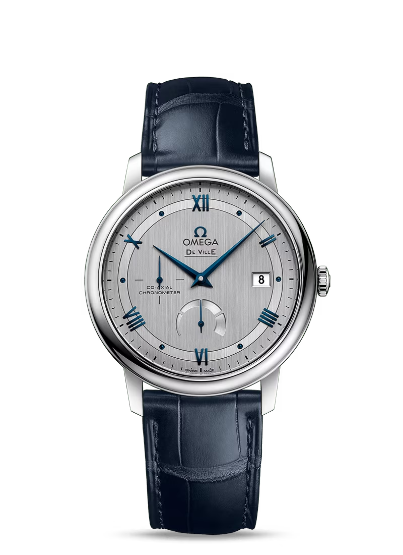 Omega De Ville Stainless Steel 39.5 MM - Blue Leather Strap - Silver Dial - 424.13.40.21.02.003