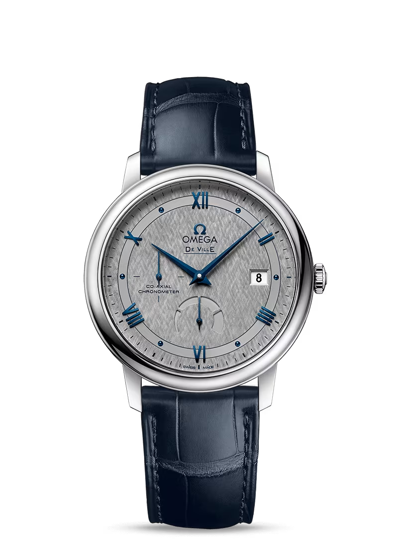 Omega De Ville Stainless Steel 39.5 MM - Blue Leather Strap - Silver Dial - 424.13.40.21.06.002