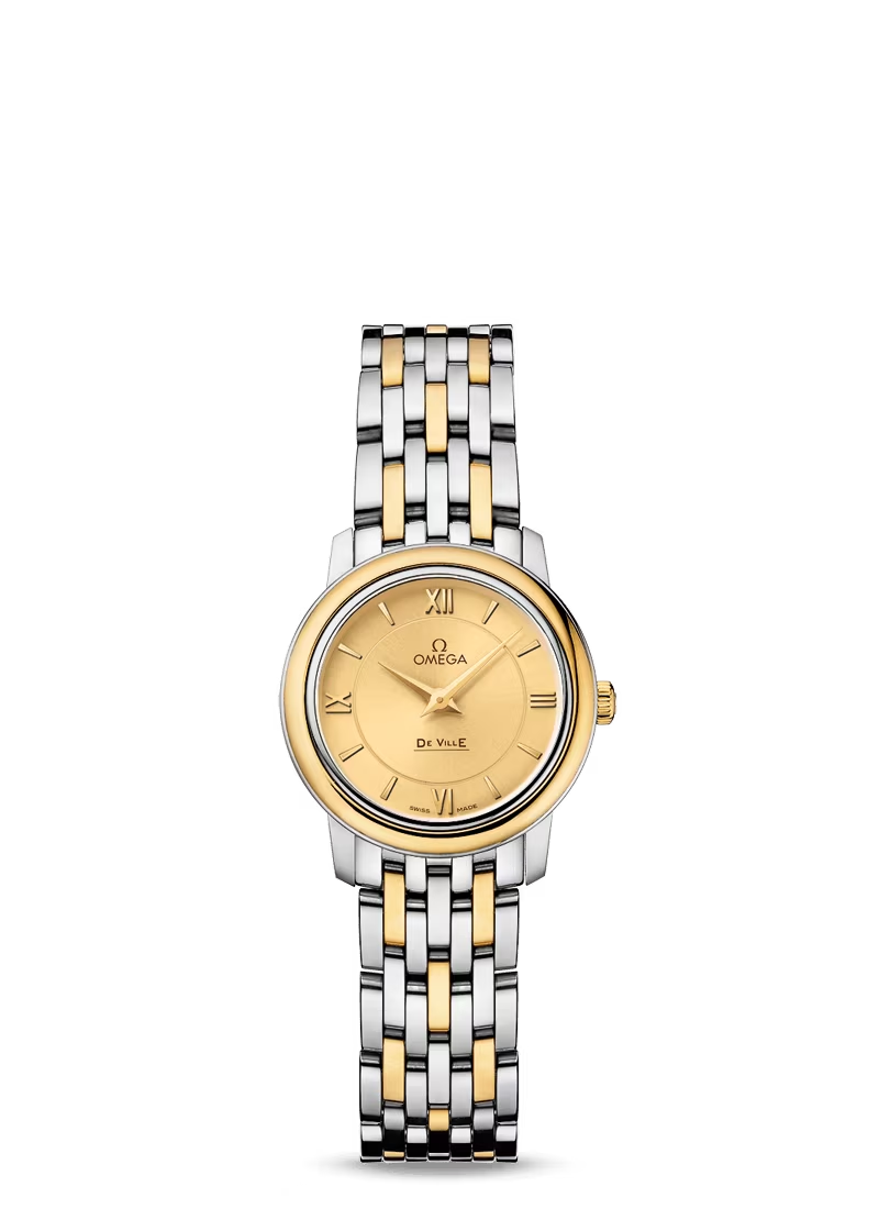 Omega De Ville Stainless Steel and Yellow Gold 24.4 MM - Stainless Steel and Yellow Gold Bracelet - Champagne Diamond Dial - 424.20.24.60.08.001 nyc watcher nyc watches