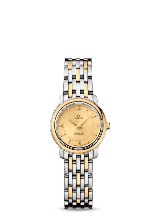 Omega De Ville Stainless Steel and Yellow Gold 24.4 MM - Stainless Steel and Yellow Gold Bracelet - Champagne Diamond Dial - 424.20.24.60.08.001 nyc watcher nyc watches