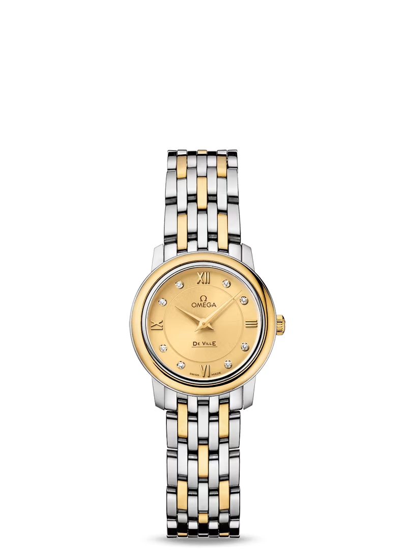 Omega De Ville Stainless Steel and Yellow Gold 24.4 MM - Stainless Steel and Yellow Gold Bracelet - Champagne Diamond Dial - 424.20.24.60.58.001 nyc watcher nyc watches