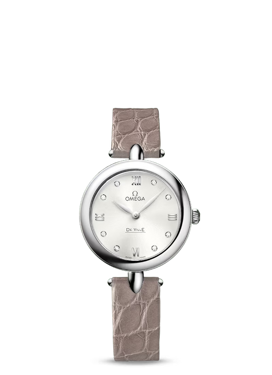 Omega De Ville Stainless Steel 27.4 MM - Beige Leather Strap - Silver Diamond Dial - 424.13.27.60.52.001 nyc watcher nyc watches