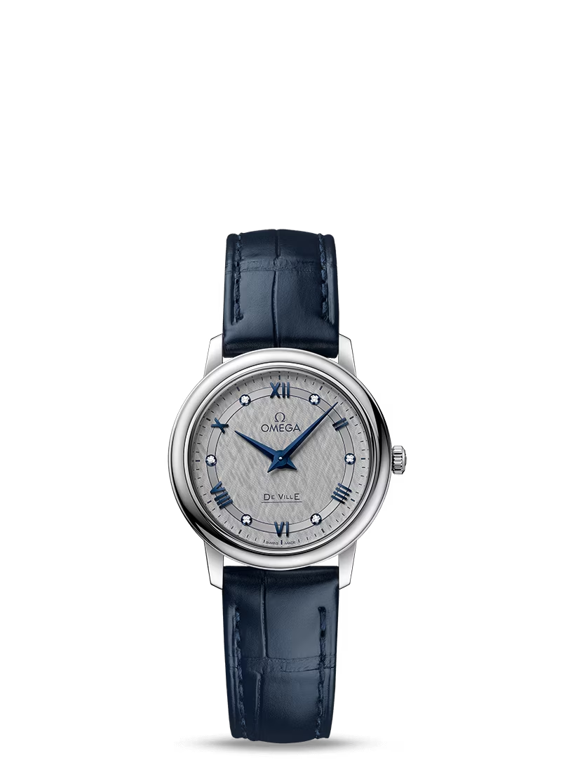 Omega De Ville Stainless Steel 27.4 MM - Blue Leather Strap - Grey Dial - 424.13.27.60.56.001 nyc watcher nyc watches