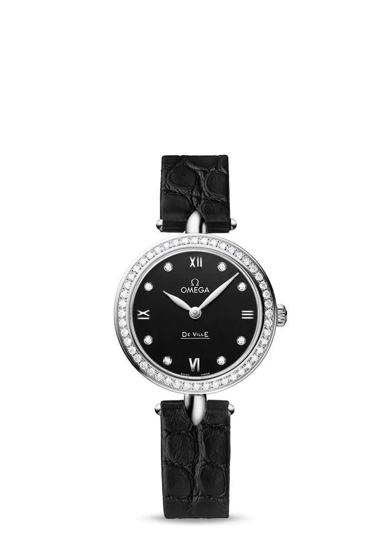 Omega De Ville Stainless Steel 27.4 MM - Black Leather Strap - Diamond Bezel - Black Diamond Dial - 424.18.27.60.51.001 nyc watcher nyc watches