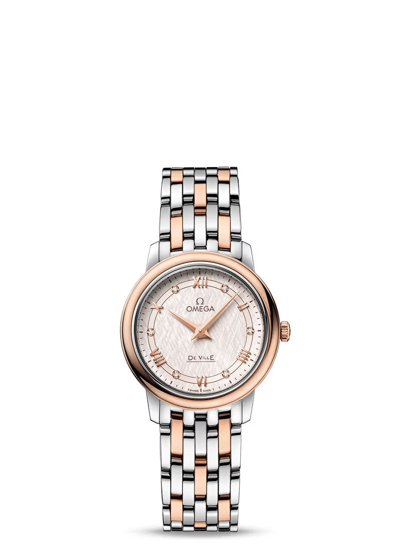 Omega De Ville Stainless Steel and Rose Gold 27.4 MM - Stainless Steel and Rose Gold Bracelet - Silver Dial - 424.20.27.60.52.003 nyc watcher nyc watches