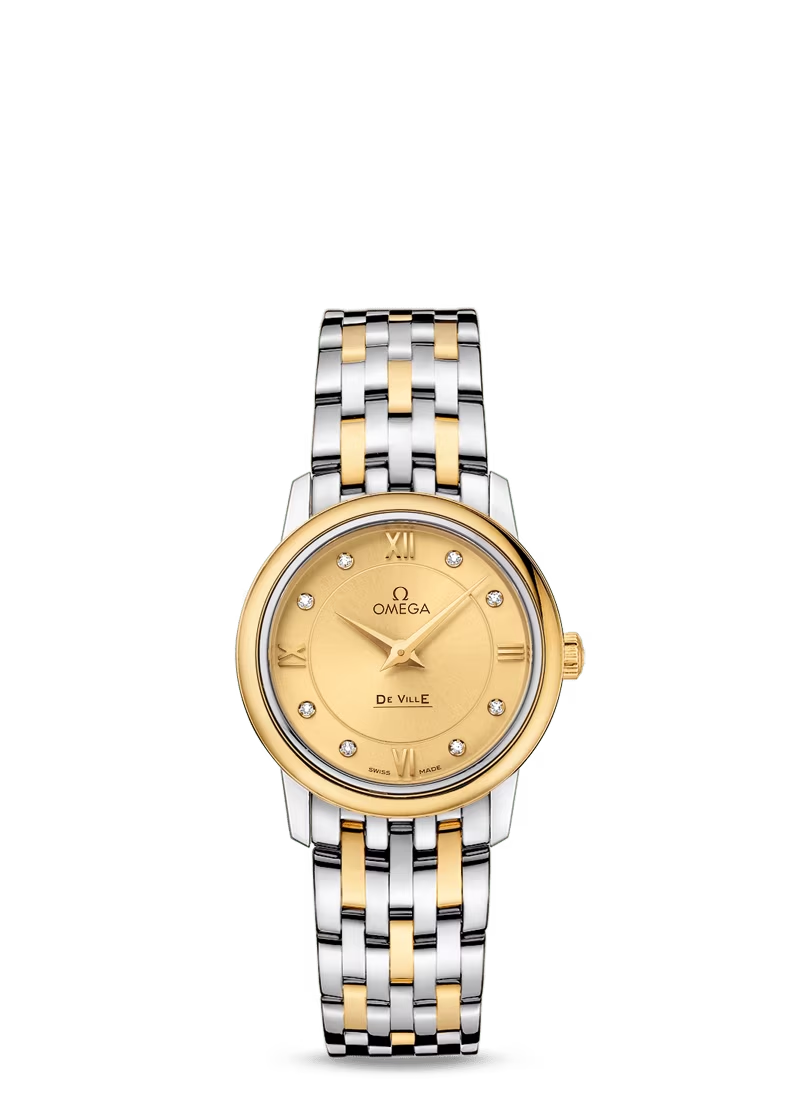 Omega De Ville Stainless Steel and Yellow Gold 27.5 MM - Stainless Steel and Yellow Gold Bracelet - Champagne Diamond Dial - 424.20.27.60.58.001 nyc watcher nyc watches