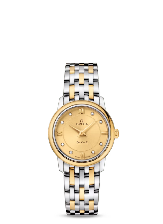 Omega De Ville Stainless Steel and Yellow Gold 27.5 MM - Stainless Steel and Yellow Gold Bracelet - Champagne Diamond Dial - 424.20.27.60.58.001 nyc watcher nyc watches