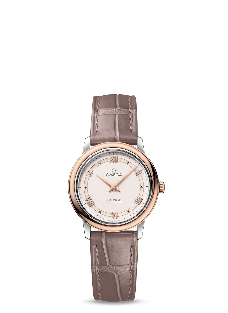 Omega De Ville Stainless Steel and Rose Gold 27.4 MM - Brown Leather Strap - White Dial - 424.23.27.60.09.001 nyc watcher nyc watches