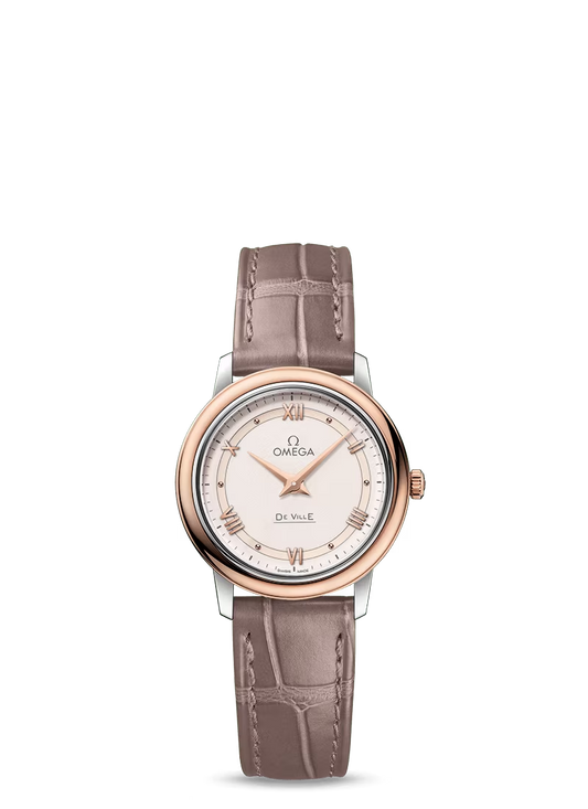 Omega De Ville Stainless Steel and Rose Gold 27.4 MM - Brown Leather Strap - White Dial - 424.23.27.60.09.001 nyc watcher nyc watches