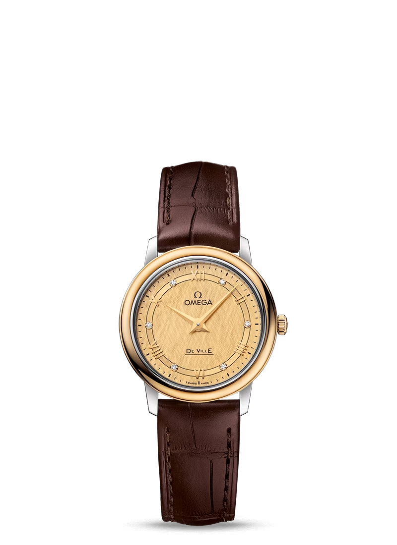 Omega De Ville Stainless Steel and Yellow Gold 27.4 MM - Brown Leather Strap - Champagne Dial - 424.23.27.60.58.001 nyc watcher nyc watches