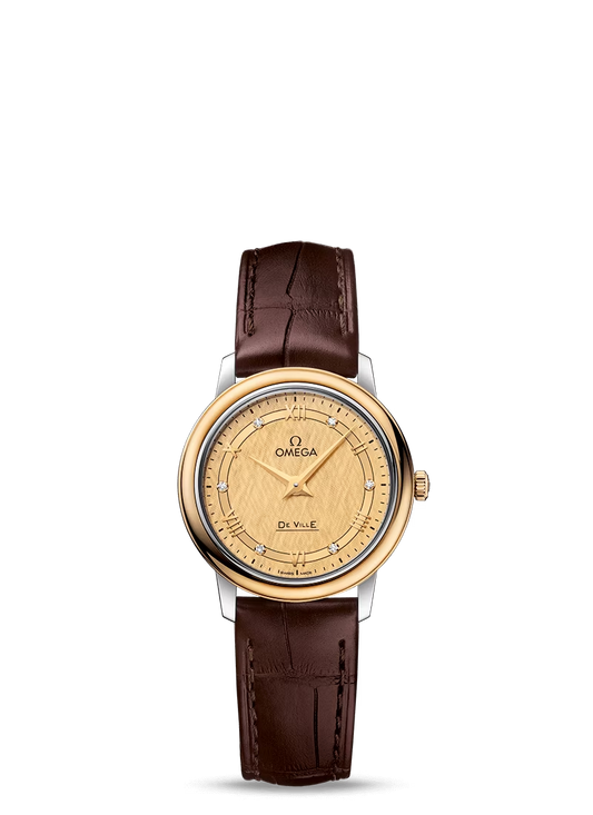 Omega De Ville Stainless Steel and Yellow Gold 27.4 MM - Brown Leather Strap - Champagne Dial - 424.23.27.60.58.001 nyc watcher nyc watches